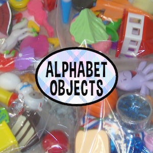 May include: A collection of assorted small plastic toys and objects in a clear plastic bag, featuring a central oval label with a blue and white plaid background and the black text ALPHABET OBJECTS printed in a bold, sans-serif font.