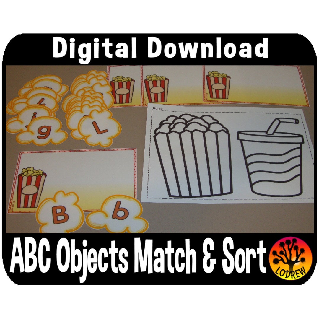 Popcorn Alphabet Objects Match and Sort Printable Game Literacy Center