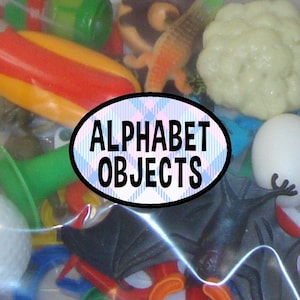 May include: A collection of assorted small plastic toys and objects inside a clear bag, featuring a central oval label with a blue and white plaid background and the black text ALPHABET OBJECTS printed in the center.