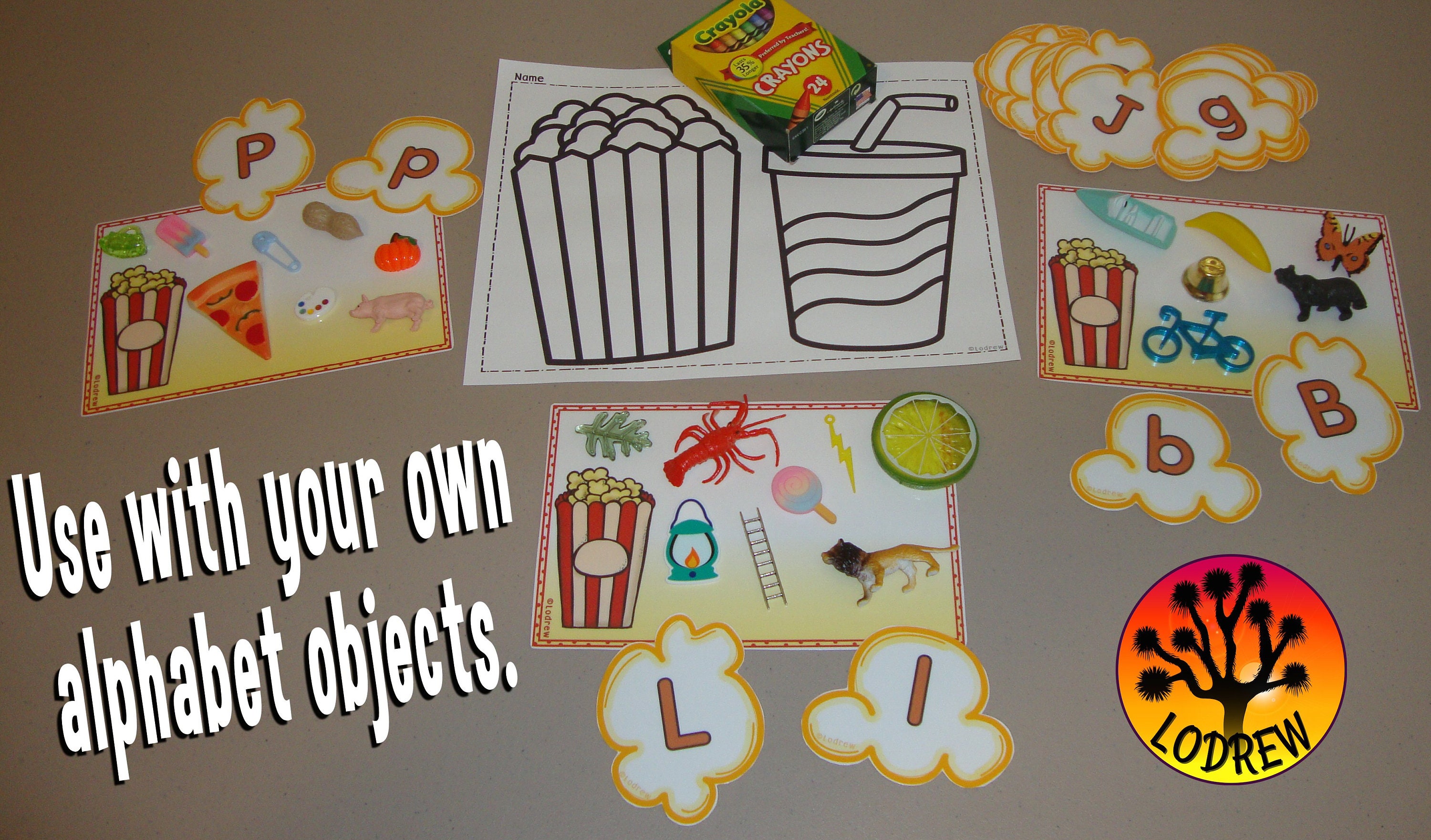 Popcorn Alphabet Objects Match and Sort Printable Game Literacy Center