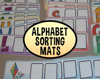 Objetos del alfabeto, tapetes divertidos para clasificar, juego imprimible, centro de alfabetización, lectura de sonidos iniciales, preescolar, jardín de infantes, fonética, letras, miniaturas