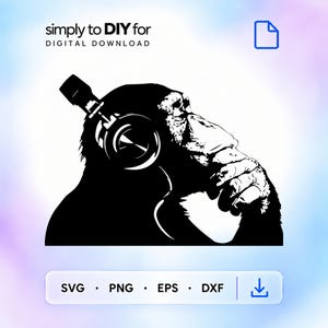 May include: A black and white digital graphic of a chimpanzee wearing headphones, with the text simply to DIY for DIGITAL DOWNLOAD at the top and SVG, PNG, EPS, DXF at the bottom. The chimpanzee is shown in profile with a hand near its chin.
