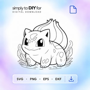 May include: A black and white digital line art illustration of a creature with a large bulbous plant on its back, surrounded by leaves. The text reads simply to DIY for DIGITAL DOWNLOAD, with file formats SVG, PNG, EPS, and DXF listed below.