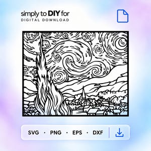 May include: A black and white digital line art illustration featuring a swirling night sky, a tall cypress tree, and a small village with a church steeple. The text reads simply to DIY for DIGITAL DOWNLOAD, SVG, PNG, EPS, and DXF.
