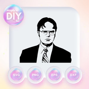 Puede incluir: Silueta en blanco y negro de un hombre con gafas que lleva un traje y una corbata. El texto "simply to DIY for." está en un círculo sobre la cabeza del hombre.