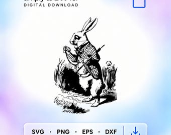 Puede incluir: Una ilustración digital en blanco y negro de un conejo con chaqueta de cuadros que sostiene un reloj de bolsillo, con el texto "simply to DIY for DIGITAL DOWNLOAD" y los formatos "SVG • PNG • EPS • DXF" visibles en la pantalla.