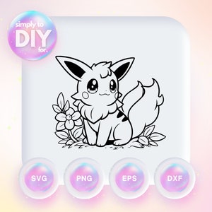 Pokemon - Eevee z kwiatami - Prezent dla dzieci - Pliki do cięcia SVG DXF eps png - Cricut - Cięcie winylu - Plik do druku - Pobieranie cyfrowe - Do druku
