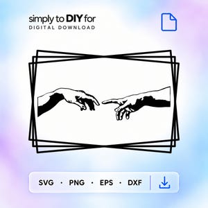 Puede incluir: Un archivo gráfico digital en blanco y negro con el icónico diseño de las manos que se extienden. El texto dice simply to DIY for DIGITAL DOWNLOAD. Debajo, un botón muestra los formatos de archivo SVG, PNG, EPS y DXF con un icono de descarga.