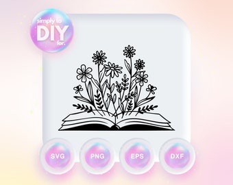 Amante de los libros, Literatura, Archivo de corte de flores, Camisa de libro svg, dxf, eps, png, Silueta, Cricut, Archivo digital, Vinilo, Archivo SVG