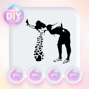May include: Black and white silhouette of a person vomiting hearts. The image is on a white background with a pink and yellow gradient background.