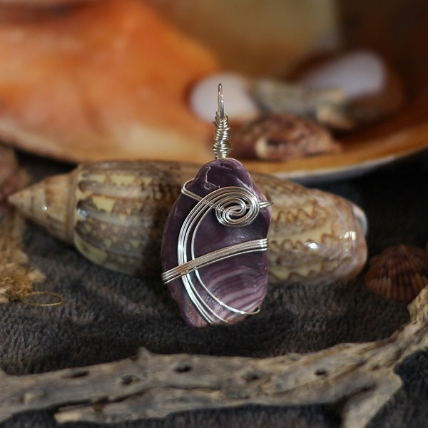 Quahog clam shell necklace pendant, wire wrapped