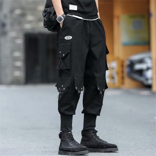 Black Men's Techwear Gloves Japanese Joggers Cargo - Etsy