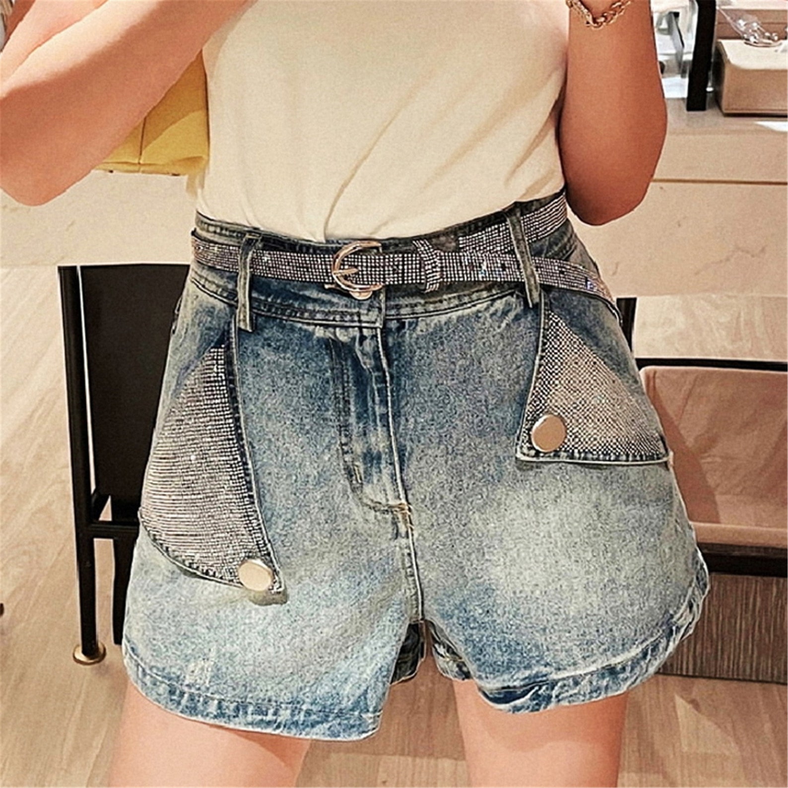 Diamond Sequin Shorts Women High Waist Denim Shorts Summer Etsy