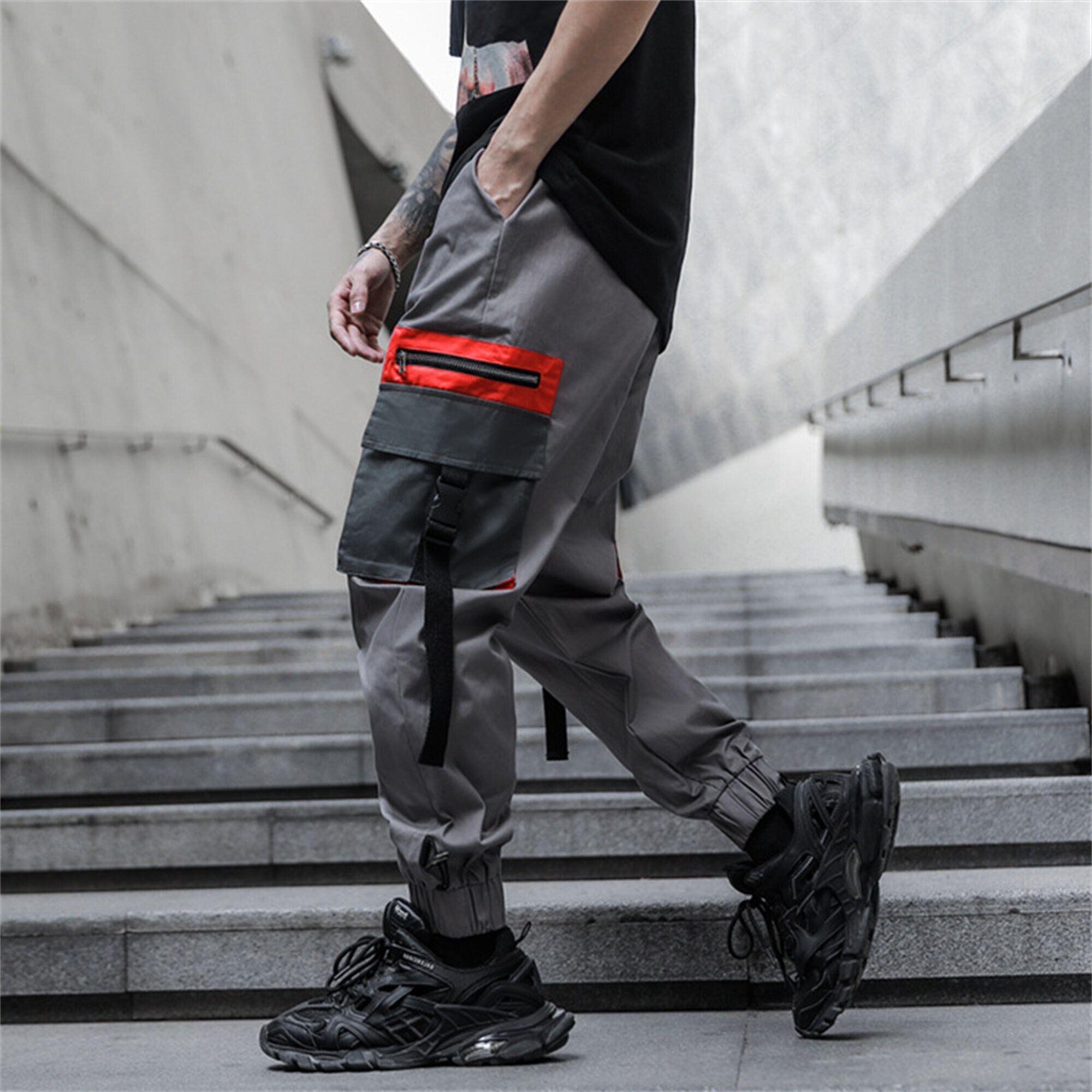 Gray Techwear Pants Orange Pockets 