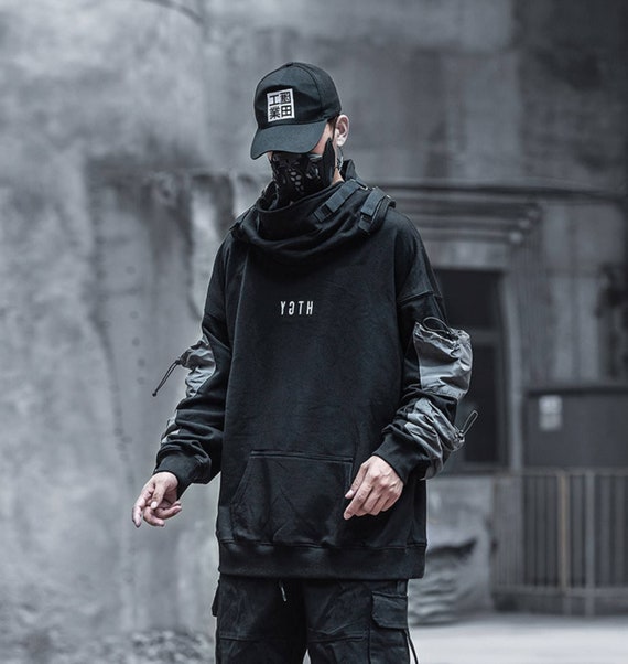 Black Goth Techwear Hoodie Cyberpunk Cargo Sweatshirt - Etsy