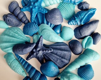 Edible Sugar Seashells and Starfish in Navy Blue, Blue and  Aqua with a Shimmer