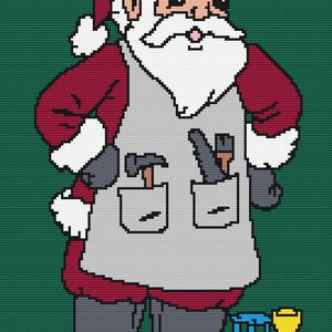 Puede incluir: Un Papá Noel de dibujos animados con un traje rojo y un delantal gris con bolsillos que contienen herramientas. Lleva botas negras y está de pie junto a un tren de juguete azul con un vagón de cola amarillo.