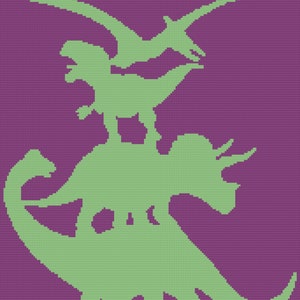 May include: A green dinosaur stack design on a purple background. The design features a Brontosaurus, Triceratops, T-Rex, and Pterodactyl. The image has a pixelated, cross-stitch appearance, creating a textured effect. The dinosaurs are in silhouette.
