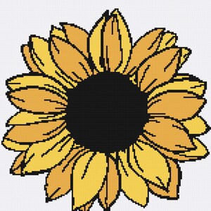 Op de afbeelding: Een gele zonnebloem met een zwart hart. De zonnebloem heeft veel bloemblaadjes en is getekend in een gepixelde stijl.