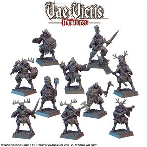 May include: A collection of miniature fantasy figures, each with unique armor and weaponry. The figures are in various poses, some holding swords, axes, and shields. The text "Vae Victis Miniatures" is at the top. The text "Swords for Hire: Cultists Warband Vol.2 - Modular Set -" is at the bottom.