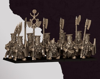 May include: A collection of miniature figurines, likely for tabletop gaming or display. The figures are detailed, with a consistent color palette of bronze or brown. Each figure is equipped with weapons, armor, and hats. The text "HIGHLANDS MINIATURES" is at the top.