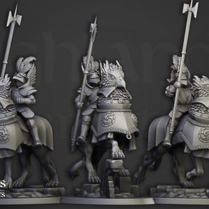 May include: Three grey miniature figures of knights riding mythical creatures with eagle heads, each holding a polearm. The figures are set against a dark background. The logo "highlands miniatures" is visible.
