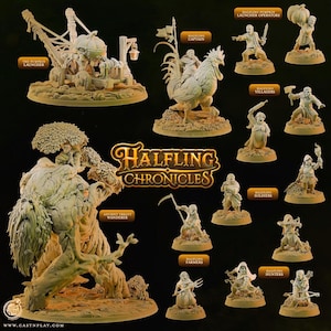 Peut inclure: Une collection de figurines miniatures beiges intitulée Halfling Chronicles, comprenant un ancien tréant errant, un lanceur de citrouilles, un capitaine sur un coq, et divers villageois, soldats, fermiers et chasseurs halflings armés.