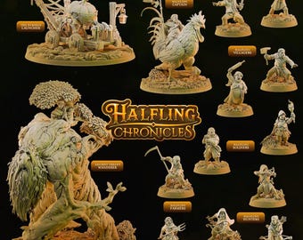 May include: A collection of beige miniature figurines titled Halfling Chronicles, featuring an ancient treant wanderer, a pumpkin launcher, a captain riding a rooster, and various halfling villagers, soldiers, farmers, and hunters with weapons.
