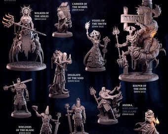 May include: A collection of grey fantasy tabletop miniatures titled Keepers of the Keys. The set includes figures like Walker of the Aisles on a 50mm base, Carrier of the Words, Vessel of the Truth, Delegate of the Void, Keeper of the Oath, Andira, and Wielders of the Blade.