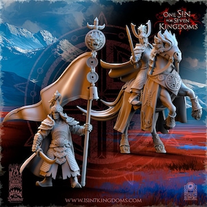 Peut inclure: Un ensemble de deux figurines de jeu en résine grise représentant un guerrier à cheval tenant une épée et un guerrier debout tenant une longue perche avec un drapeau et un emblème circulaire. Le texte One Sin for Seven Kingdoms est visible.