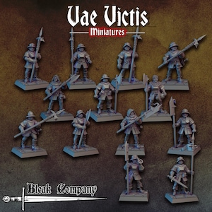Peut inclure: Une collection de douze figurines de soldats miniatures grises, chacune sur un socle carré. Les personnages portent des casques et des armures, tenant diverses armes d'hast, lances et épées. Le texte Vae Victis Miniatures et Bleak Company est visible.