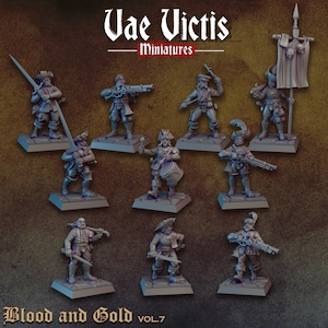 Puede incluir: Un conjunto de diez figuras en miniatura grises sin pintar tituladas Vae Victis Miniatures Blood and Gold Vol. 7. Las figuras visten atuendos históricos, algunas sostienen espadas, rifles o un estandarte con calaveras sobre bases cuadradas.