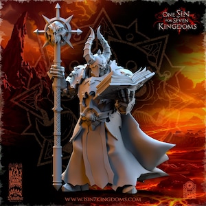 May include: A grey, detailed miniature figure of a demon holding a book and a staff with a skull on top. The figure is wearing a robe and armor. The background is a fiery orange and red.