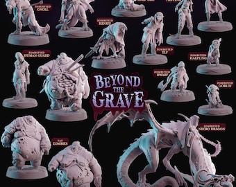 May include: A collection of detailed miniature figurines, including zombies, a dragon, and various fantasy creatures. The figurines are in a neutral color palette and are displayed on individual bases. The text "Beyond the Grave" is visible.