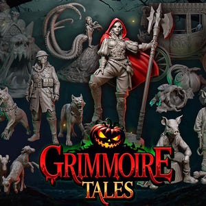 May include: A collection of fantasy figurines, including a figure in a red cape, a wolf, and pig-like creatures. The image features the text "Grimmoire Tales" with a jack-o'-lantern. The figurines are in a neutral color palette, suggesting they are unpainted.