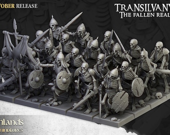 May include: A set of 20 unpainted plastic skeletal warrior miniatures, posed in a battle formation, holding swords and shields. The miniatures are part of the Transilvanya: The Fallen Realm collection.