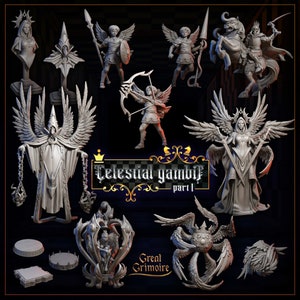 Peut inclure: Un ensemble de figurines miniatures imprimées en 3D, comprenant un ange ailé, un chevalier à cheval, une créature aux multiples yeux et une figurine tenant un bâton. Les miniatures sont peintes en gris et font partie d'une collection appelée "Celestial Gambit - Partie I".
