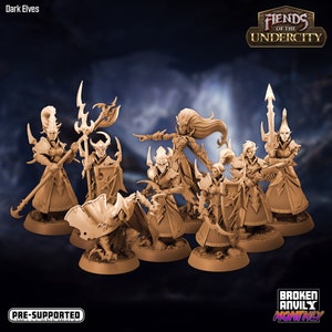 May include: A group of brown Dark Elves miniatures, each on a circular base. The figures are in various dynamic poses, some holding weapons like spears and swords. The text "Fiends of the Undercity" and "Broken Anvil Monthly" are visible.