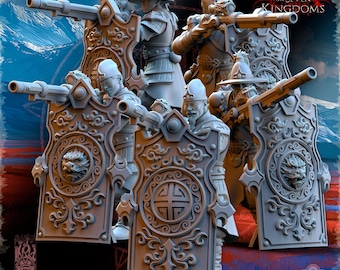 May include: A group of miniature figurines depicting soldiers with ornate shields and rifles. The shields feature detailed relief carvings of a dragon and a symbol. The text "ONE SIN for SEVEN KINGDOMS" is visible in the upper right corner.