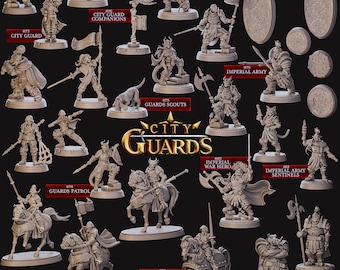 Puede incluir: Una colección de figuras en miniatura que representan guardias de la ciudad y soldados del ejército imperial. Las figuras están hechas de plástico gris y están en varias posturas. Las figuras están de pie sobre bases redondas. Las figuras son parte de un juego de mesa o un juego de rol.