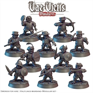 Peut inclure: Ensemble de figurines miniatures grises représentant des personnages fantastiques, chacun tenant une arme ou un outil. Les figurines sont sur des socles circulaires. Le texte "Vae Victis Miniatures" est en haut et "Swords for Hire: Halflings Warband - Modular Set" en bas.