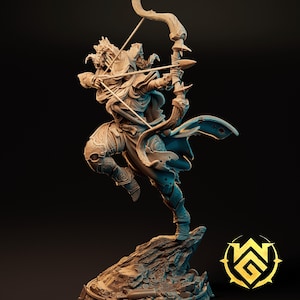 Peut inclure: Figurine détaillée d'un archer en action, prêt à décocher une flèche. La figurine est vêtue d'une armure ornée et d'une cape flottante, avec un arc tendu. L'archer se tient sur une base rocheuse, sur fond sombre.