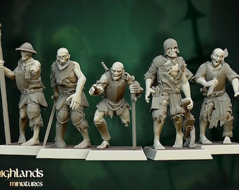 May include: Five unpainted miniature figures of undead warriors, each with a different pose and weapon. The figures are made of a gray plastic material and are ready to be painted.