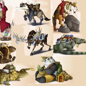 Peut inclure: Illustrations fantaisistes d'animaux équipés de selles et de bagages. On y voit un lama en cape rouge, une hyène avec un os, un tigre, un ours, un élan, un lézard, un crocodile et un panda, prêts pour l'aventure.