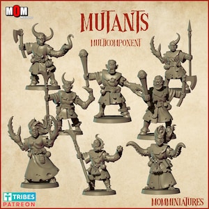 Può includere: Una collezione di miniature di Mutanti grigi, multi-componente. Le figure sono in varie pose, alcune con armi come asce, lance e torce. La parola "MUTANTS" è visualizzata in un carattere stilizzato, insieme al testo "MULTICOMPONENT".