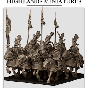 May include: Miniature cavalry figures on horseback, wearing armour and carrying spears and swords. Banners and plumes are visible. The text "HIGHLANDS MINIATURES" is displayed at the top of the image.