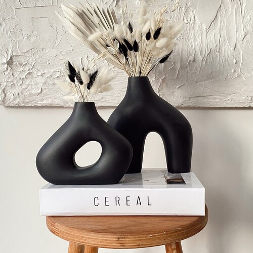 Set of 3 Circular Black Hollow Ceramic Vase Small and Large Etsy