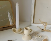 Set of 2 Nordic Style Ceramic Candle Holder Stick, Small Candlestick, Minimal Candle Holder, Pottery Candlestick, Beige and White, Home Gift