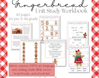 May include: A gingerbread man unit study workbook for pre-K to 1st grade. The workbook includes activities such as matching beginning sounds, missing numbers, sight words, and color words. The cover features a gingerbread man with red and white icing, a red bow tie, and red buttons.