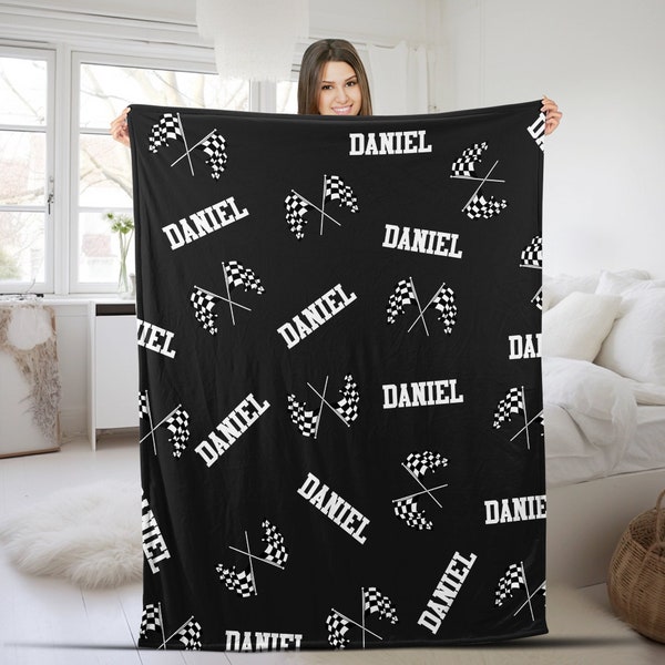 Racing Personalized Blanket, Checkered Flag Soft Cozy Sherpa Fleece Throw, Custom Sport Gift for Dad, Husband, Boyfriend, Son, Kid BYFH05